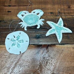 Coastal Mosaic Beach Christmas Ornament Set - Crab, Starfish, Sand Dollar